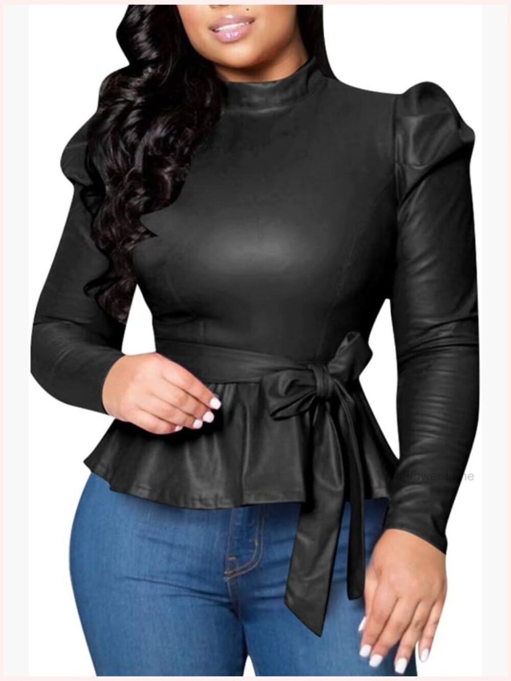 Faux Leather Mock Neck Turtleneck Long Sleeve Blouse Top with Belt